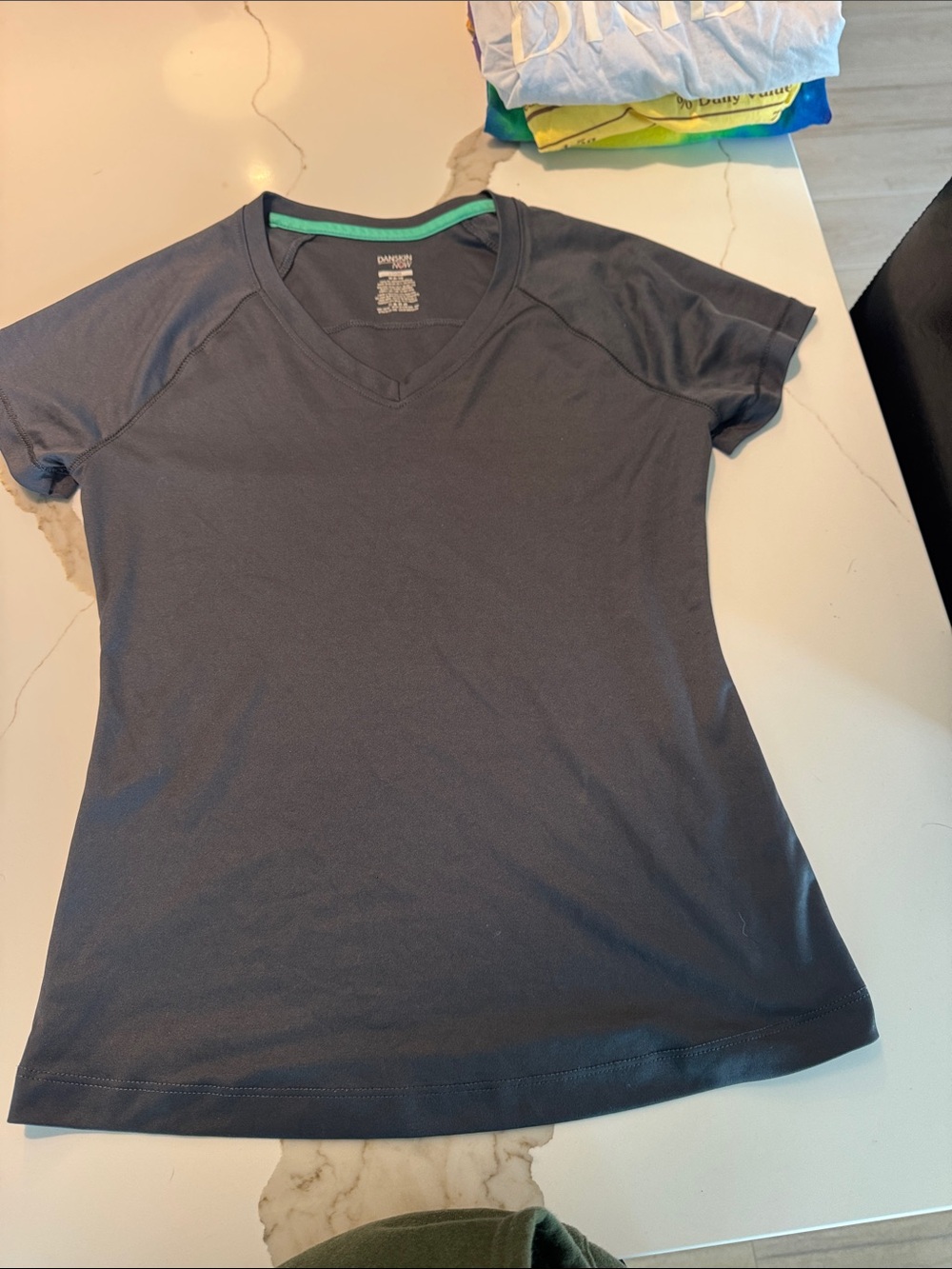 Danskin Now Women's Charcoal Gray V-Neck Active Tee with Mint Trim
